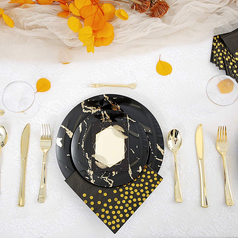 N9R 225pcs Black Gold Plastic Plates  Disposable Dinnerware Set Include 25 Dinner Plates  25 Dessert Plate  25 Plastic Silverware  25 Mini Forks  Gold Cups  Napkins and Table Cards Halloween - Image 3