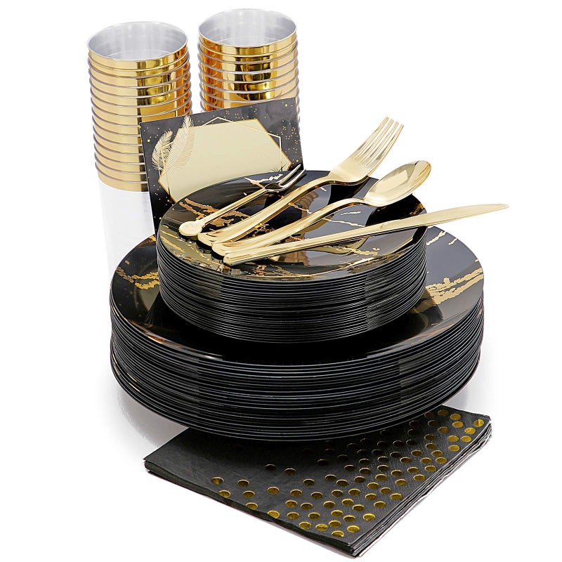 N9R 225pcs Black Gold Plastic Plates  Disposable Dinnerware Set Include 25 Dinner Plates  25 Dessert Plate  25 Plastic Silverware  25 Mini Forks  Gold Cups  Napkins and Table Cards Halloween - Image 1