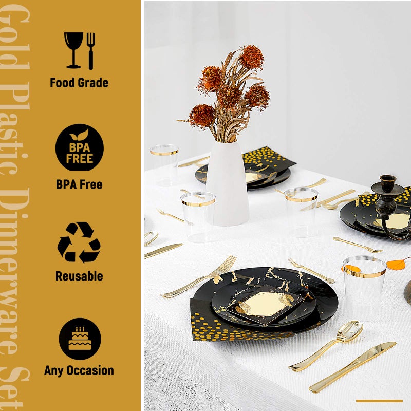 N9R 225pcs Black Gold Plastic Plates  Disposable Dinnerware Set Include 25 Dinner Plates  25 Dessert Plate  25 Plastic Silverware  25 Mini Forks  Gold Cups  Napkins and Table Cards Halloween - Image 4