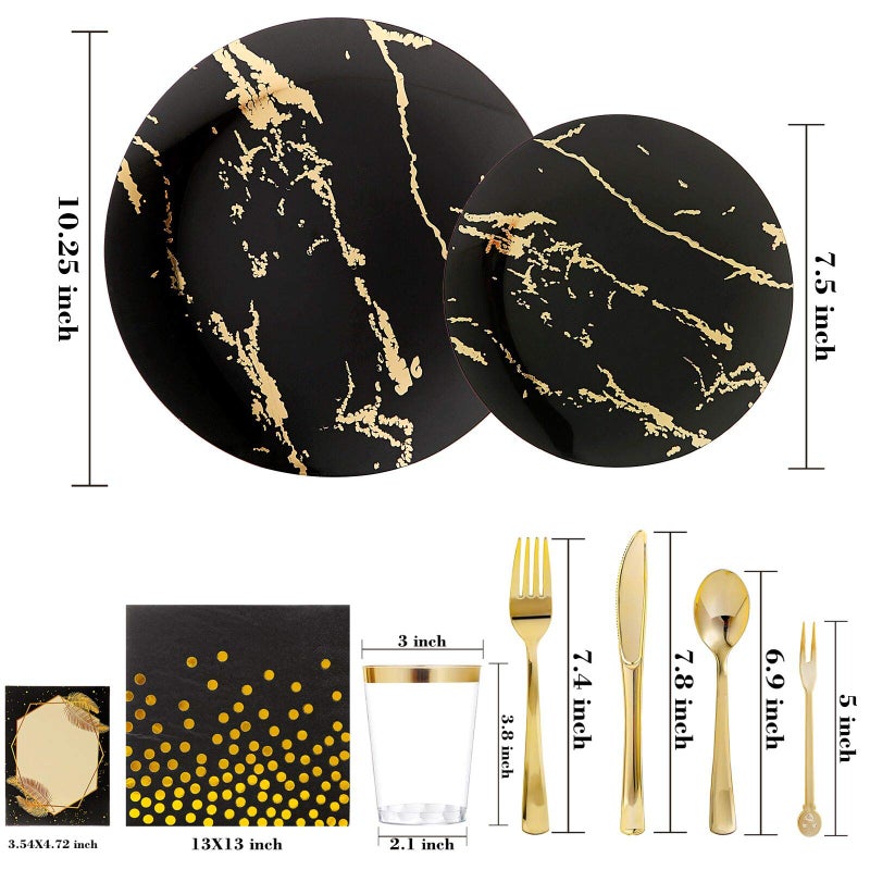 N9R 225pcs Black Gold Plastic Plates  Disposable Dinnerware Set Include 25 Dinner Plates  25 Dessert Plate  25 Plastic Silverware  25 Mini Forks  Gold Cups  Napkins and Table Cards Halloween - Image 5