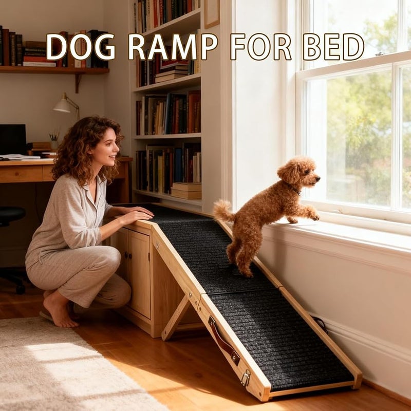 Wooden Dog Ramp Foldable Adjustable Pet Stairs For Sofa Bed SUV 4 Height Levels - Image 3