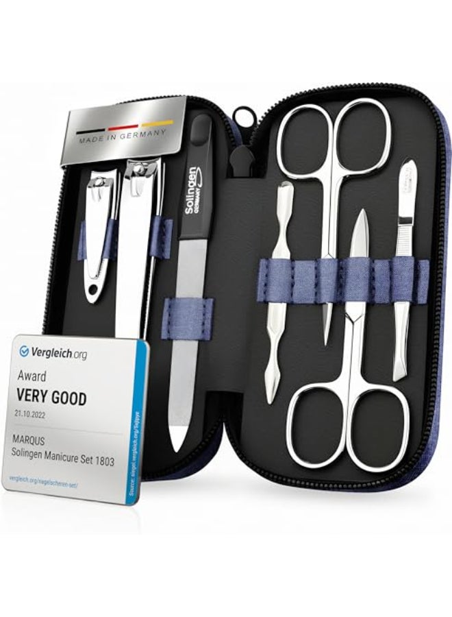 marQus Manicure Set Solingen Made in Germany 7 Piece Exclusive Finger Toe Nail Clippers Kit for Women and Men in Vegan Leather Case Color Jeans - Image 1