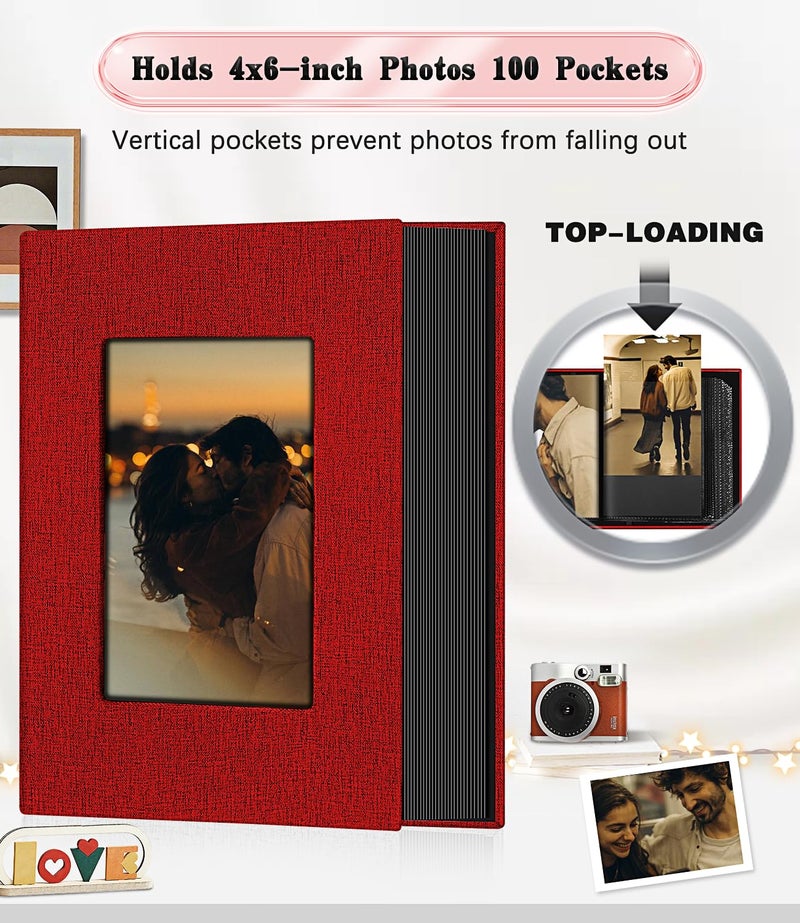 EJBLFE Ejblfe Photo Album 4x6 Linen Cover Slide-in Photo Album Book Can Holds 100 4x6 Photos with 50 Black Sheets for Family Wedding Baby and Holiday Pictures (Red)  - Image 3