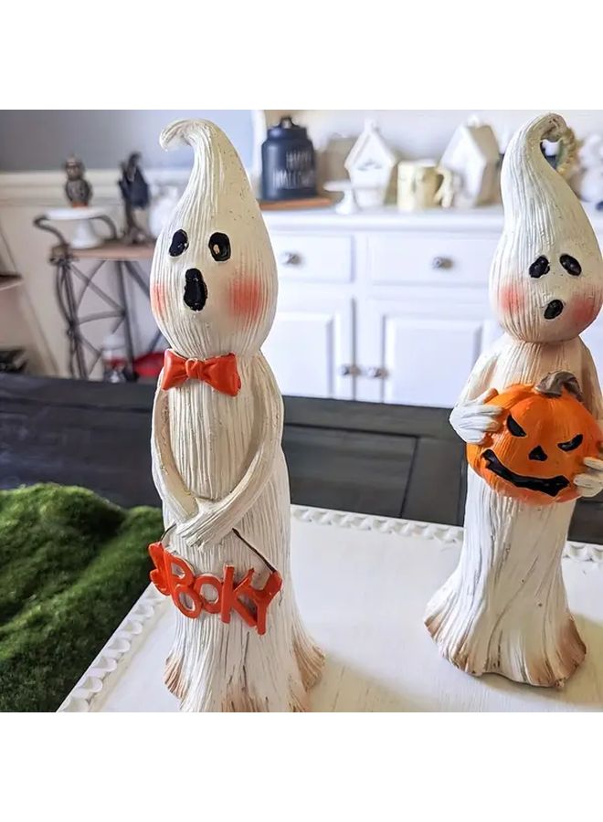 Polychrome Halloween Statue With Ghost Letters And Smiling Pumpkin Face Decoration - Image 3