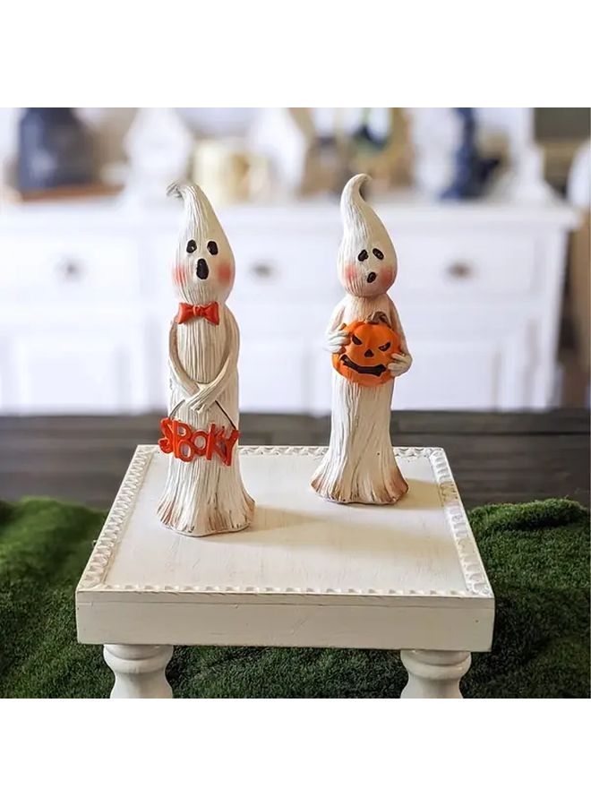 Polychrome Halloween Statue With Ghost Letters And Smiling Pumpkin Face Decoration - Image 2