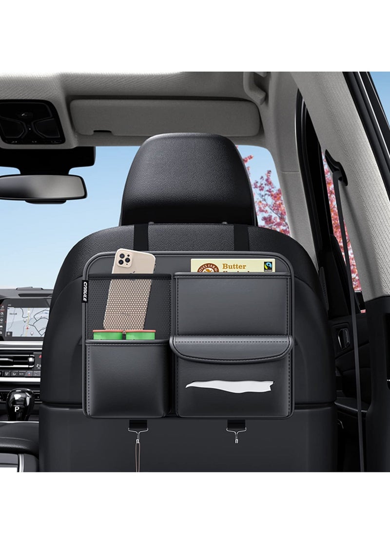 شو وو Leather Car Backseat Organizer, Hanging Seat Storage Bag for Snacks, Drinks, Toys, Magazines, Keeps Clean and Tidy, Essential Travel Accessories, Black - Image 1