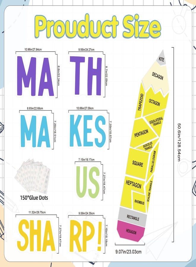 VABAMNA Math Bulletin Board Decorations Sets, Pencil Decorations for Classroom, Educational Math Makes Us Sharp Paper Cutouts for Back to School Math Classroom Supplies Window Wall Door Decor - Image 3