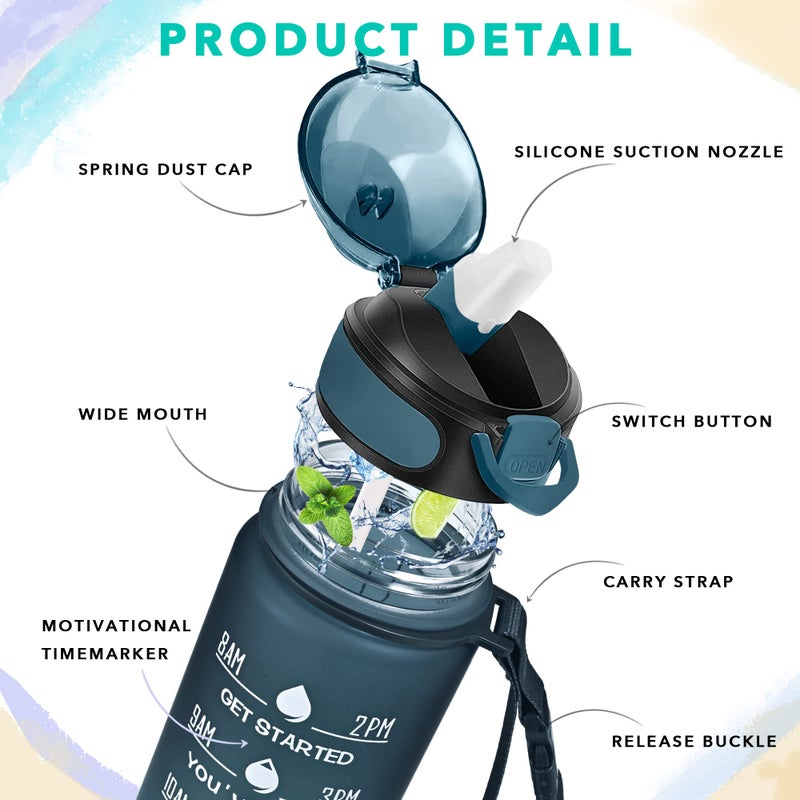 Enerbone 32 oz Drinking Water Bottle with Times to Drink and Straw, Motivational with Carrying Strap, Leakproof BPA & Toxic Free, Ensure You Drink Enough Water for Fitness Gym Outdoor - Image 3