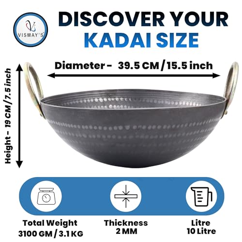 VISMAY'S 10 Litre 15.5 inch Food Grade Iron Kadai India’s 1st Smooth Edge Kadhai Strong Riveted Handle Traditional Frying Pan Wok Hammered Heavy Base Metal Spoon Friendly Works on Gas and Induction - Image 2