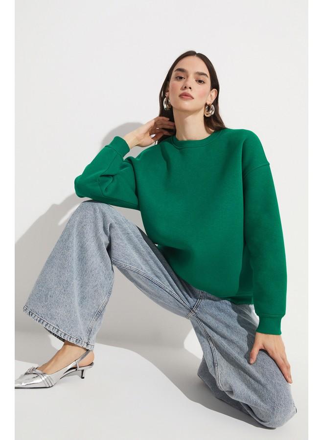 June Crew Neck Basic Sweatshirt Green - Image 1