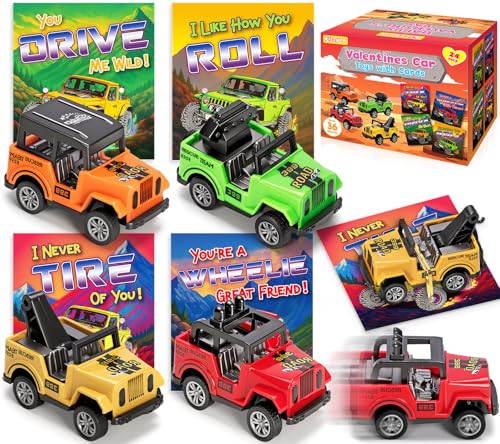KIZZYEA Valentines Party Favors 24 Pack Valentines Day Cards for Kids School with Pull Back Car Toys Valentines Day Gifts for Kids OffRoad Vehicle Cars for Valentines Classroom Exchange for Boys Girls - Image 1