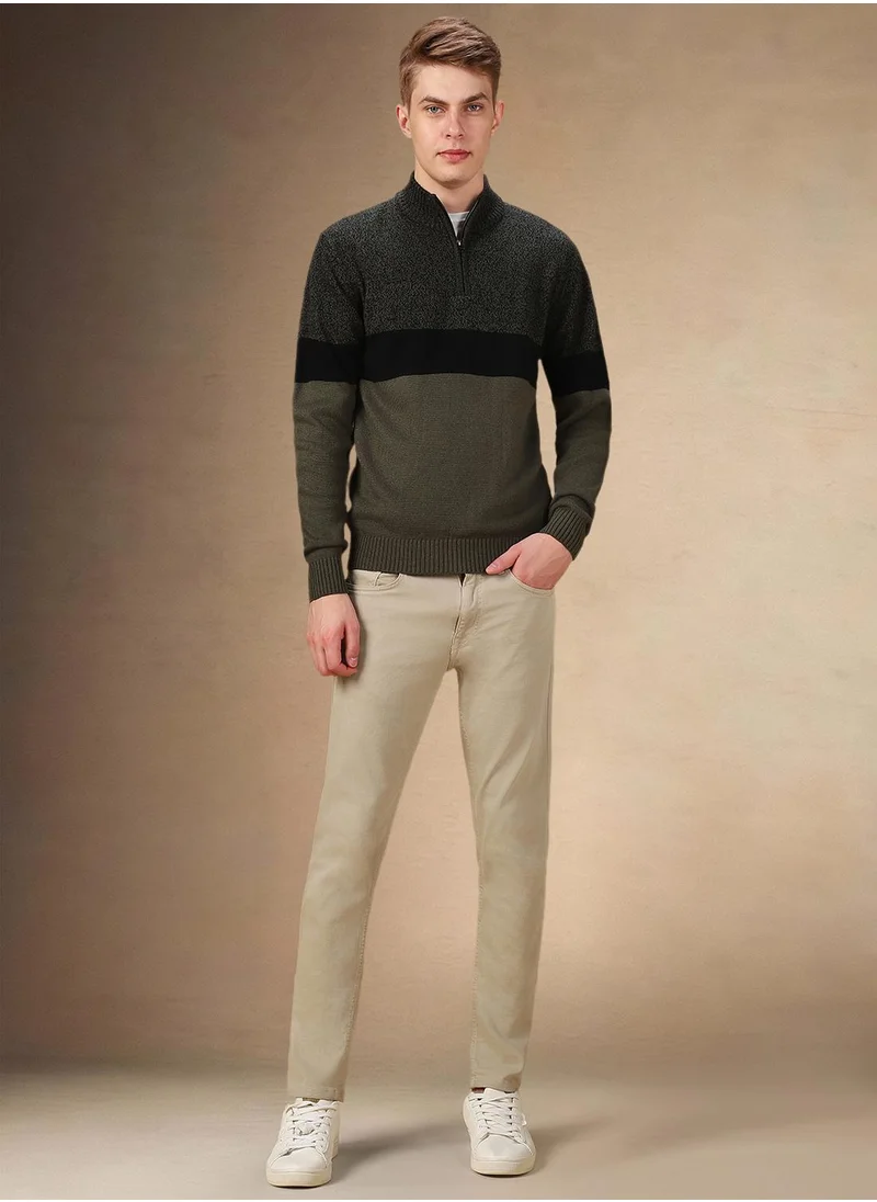 دينيس لينغو Men's Black 100% Acrylic Colour Blocked Regular Fit Sweater