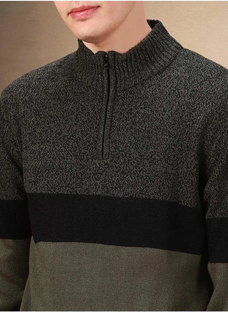 دينيس لينغو Men's Black 100% Acrylic Colour Blocked Regular Fit Sweater