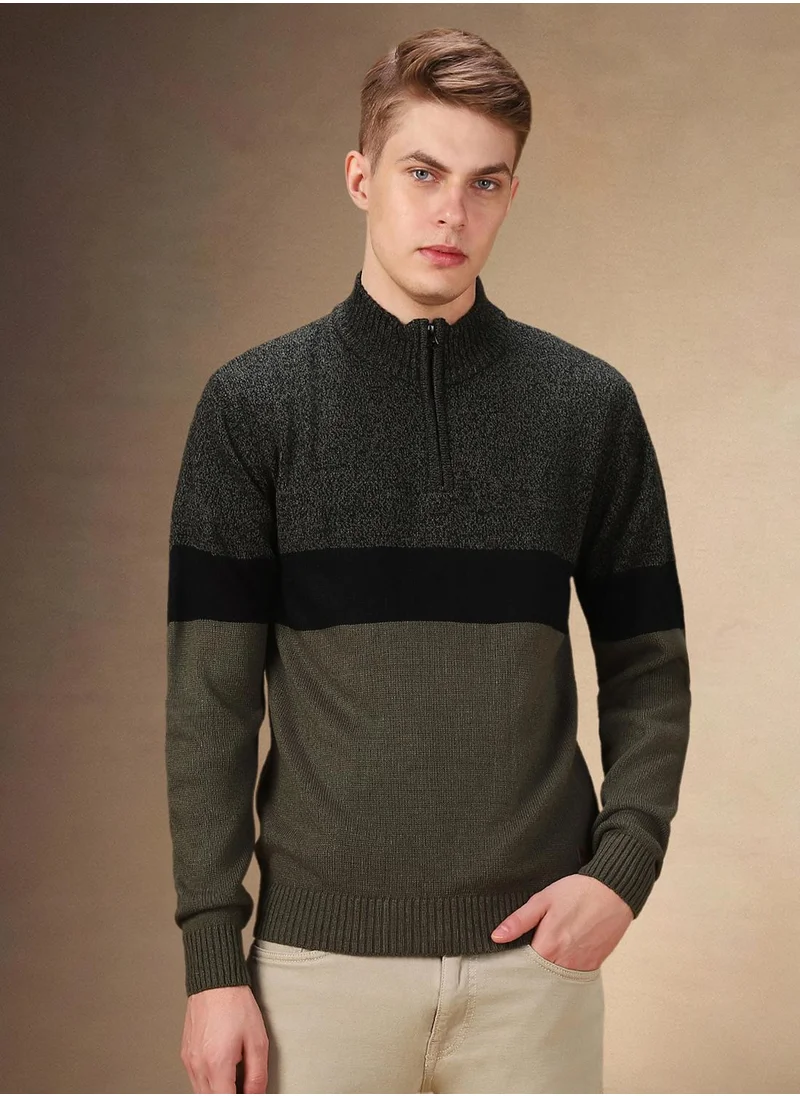 دينيس لينغو Men's Black 100% Acrylic Colour Blocked Regular Fit Sweater