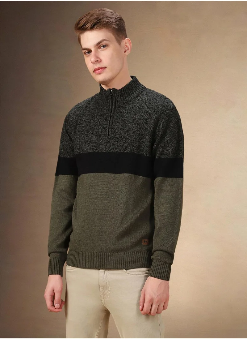 دينيس لينغو Men's Black 100% Acrylic Colour Blocked Regular Fit Sweater