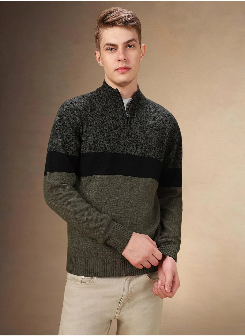 دينيس لينغو Men's Black 100% Acrylic Colour Blocked Regular Fit Sweater