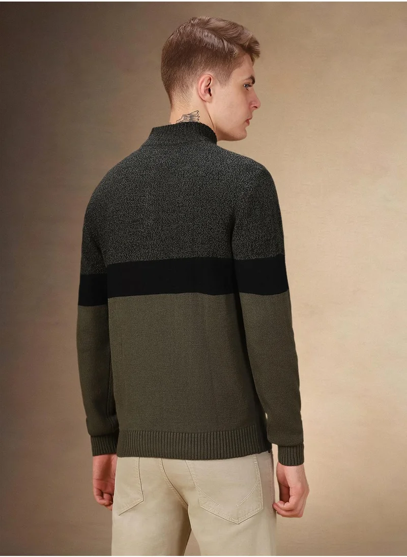 دينيس لينغو Men's Black 100% Acrylic Colour Blocked Regular Fit Sweater
