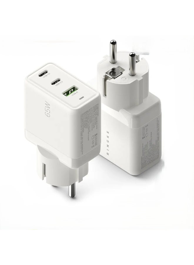 RINGKE 65W GaN 3-Ports Grounded Fast Charger Gallium Nitride Technology USB-C PD 3.0 MaxOutput 65W USB-A QC 3.0 white
