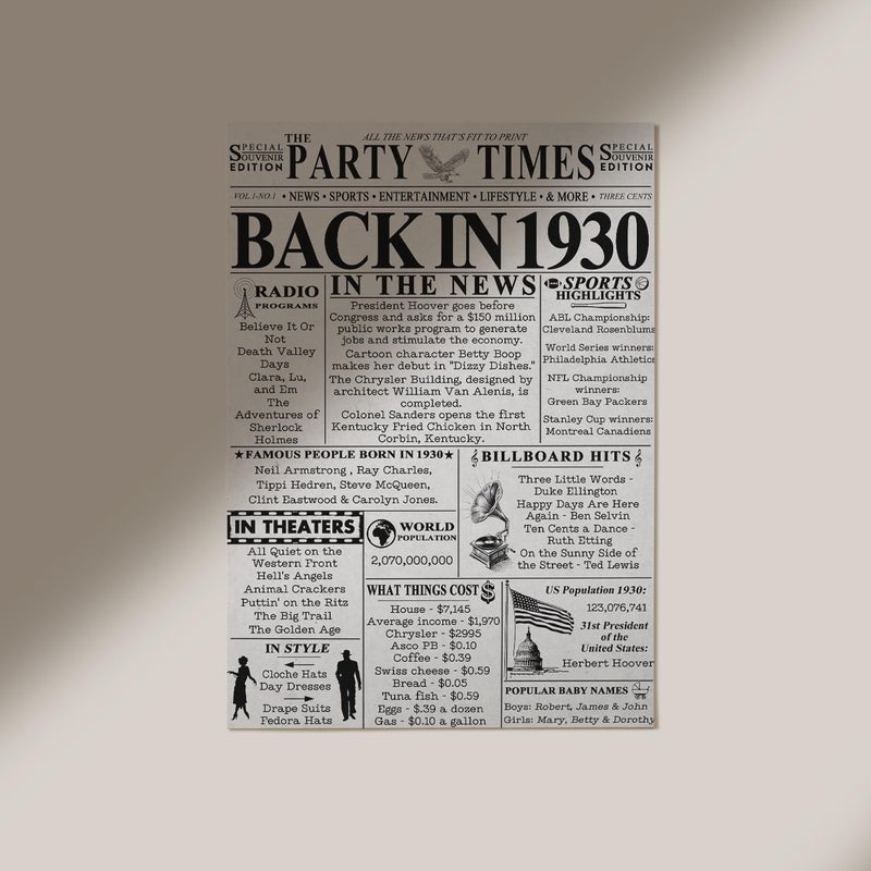 Stuff4 ملصق عيد ميلاد 95 غير مؤلف - مرة أخرى في صحيفة عام 1930 - هدايا عيد ميلاد سعيد 95 للرجال النساء العتيقة المولودة في عام 1930 8x10 بوصة خمسة وتسعين. - Image 3