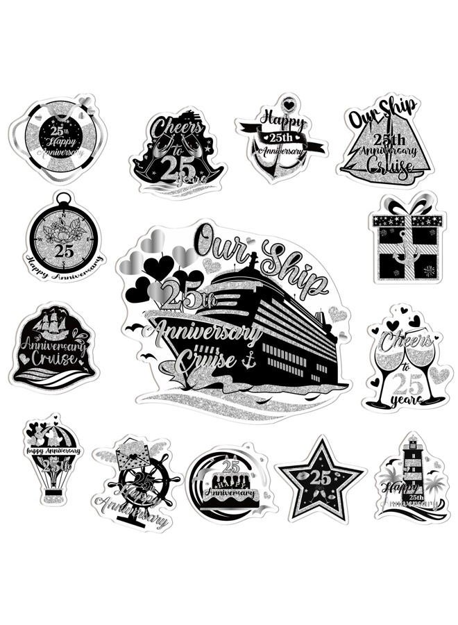 Wxiben 25th Anniversary Cruise Door Magnets - 14PCS Cheers to 25 Years Anniversary Cruise Door Decorations Magnetic Magnet Stickers for Married in 1999 Men Women Wedding Cabin Refrigerator Decor - Image 1