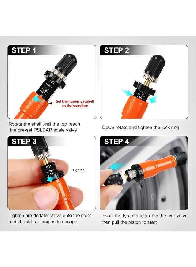 4 Pack Adjustable Auto-Stop Tire Deflator Valves (10–30 PSI) – Screw-On Tyre Air Down Tool with Storage Pouch & Valve Caps for Jeep, Truck, Motorcycle & ATV - Image 2