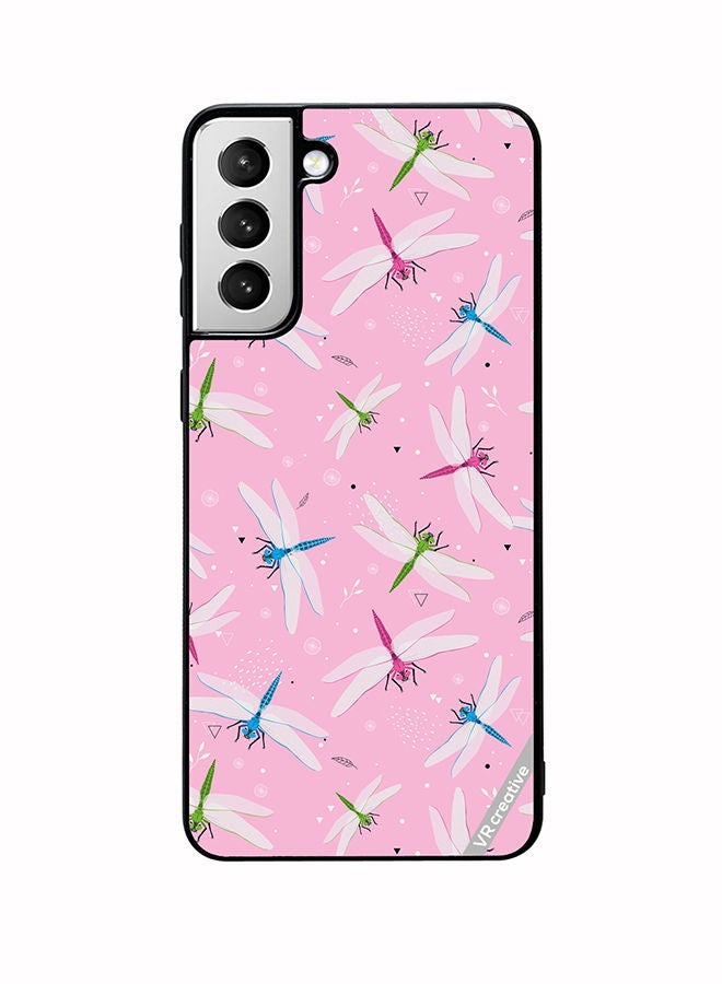 VR CREATIVE Protective Case Cover For Samsung Galaxy S22 5G Dragonfly And Flowers Pattern On Pink Design Multicolour - Image 1