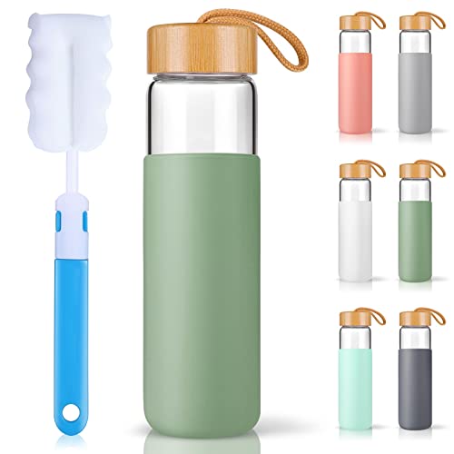 Yomious 25 Oz Glass Water Bottle with Bamboo Lid  Borosilicate Glass Water Bottles with Sleeve Wide Mouth and Dishwasher Safe Water Bottle Glass  Bonus 1x BrushOlive