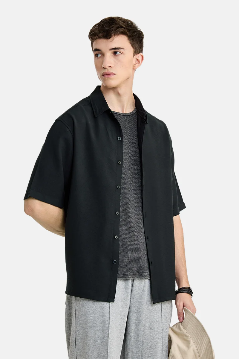 SNITCH Black Textured Half Sleeve Regular Fit Casual Shirt