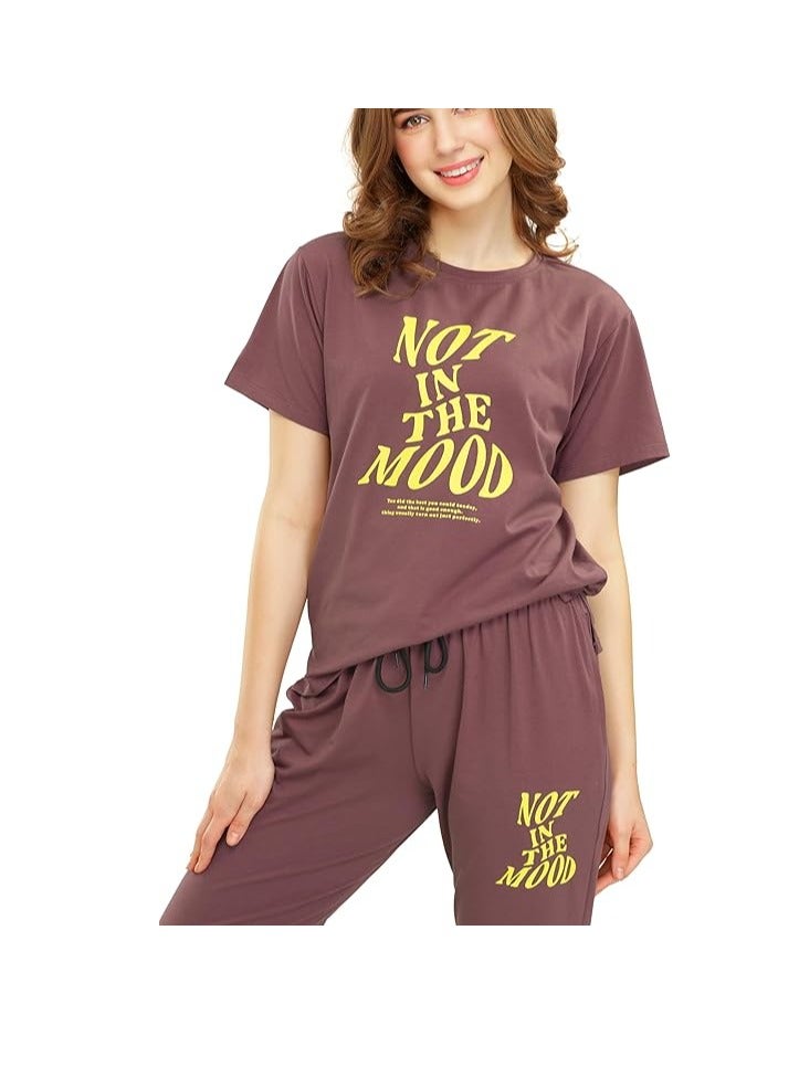 Accessorize Kingdom Women's Cotton Typography Wide Bottom Night Suit Set of Top & Pyjama  - Image 2