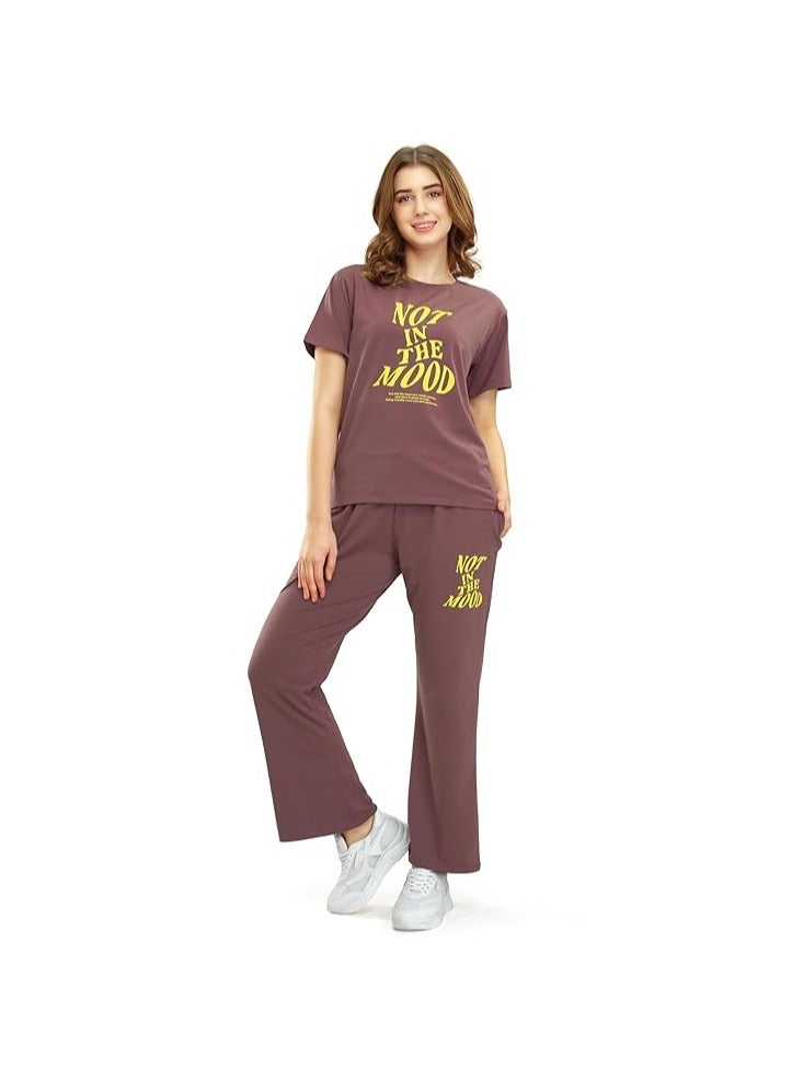 Accessorize Kingdom Women's Cotton Typography Wide Bottom Night Suit Set of Top & Pyjama  - Image 1