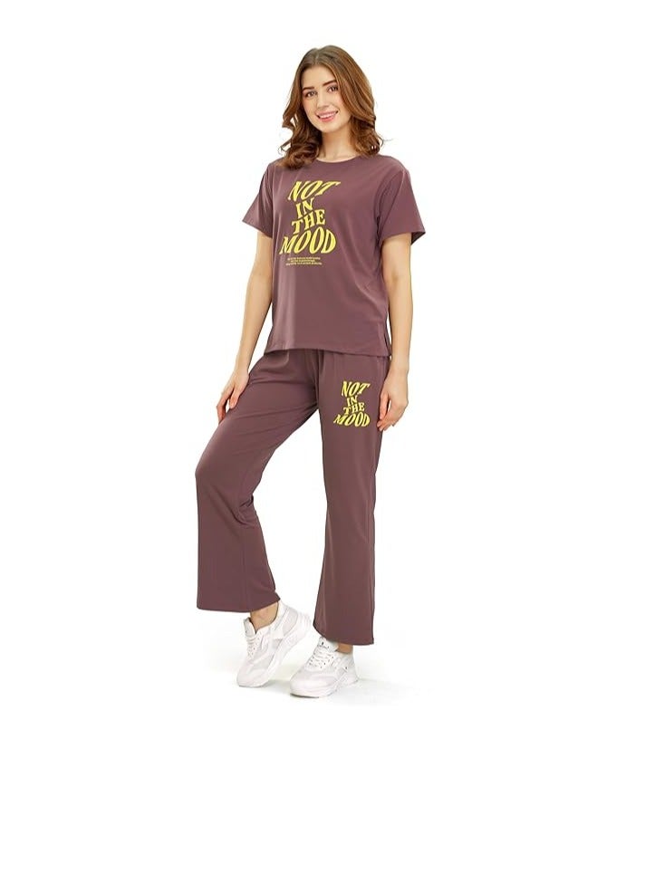 Accessorize Kingdom Women's Cotton Typography Wide Bottom Night Suit Set of Top & Pyjama  - Image 4