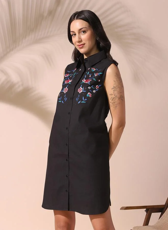 Dennis Lingo  Women'S Black Beauty 100% Cotton Embroidered Knee Length Shirt Regular Fit Dress for Women | Best Price UAE