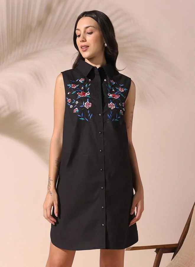 Dennis Lingo  Women'S Black Beauty 100% Cotton Embroidered Knee Length Shirt Regular Fit Dress for Women | Best Price UAE