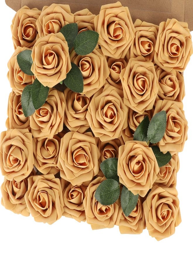 MACTING 30PCS Artificial Flower Roses Real Touch Fake Rose Flowers with Stem Foam Roses for DIY Wedding Bouquet Table Centerpieces Party Baby Shower Spring Home Valentines Day Decorations,Gold Yellow - Image 1