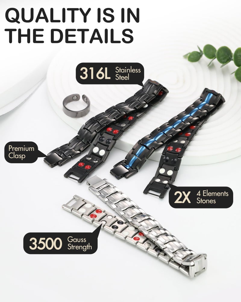 Feraco Mens Magnetic Bracelet Titanium Steel Magnetic Bracelet with Double Row 4 Elements Magnets (Black) - Image 2