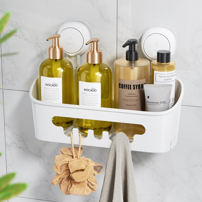 SHOWER CADDY SUCTION CUP SHOWER ORGANIZER REMOVABLE BATHROOM SHELF STORAGE SUCTION POWERFUL MAX HOLD 22LBS BATHROOM CADDY WATERPROOF HOLDER WHITE