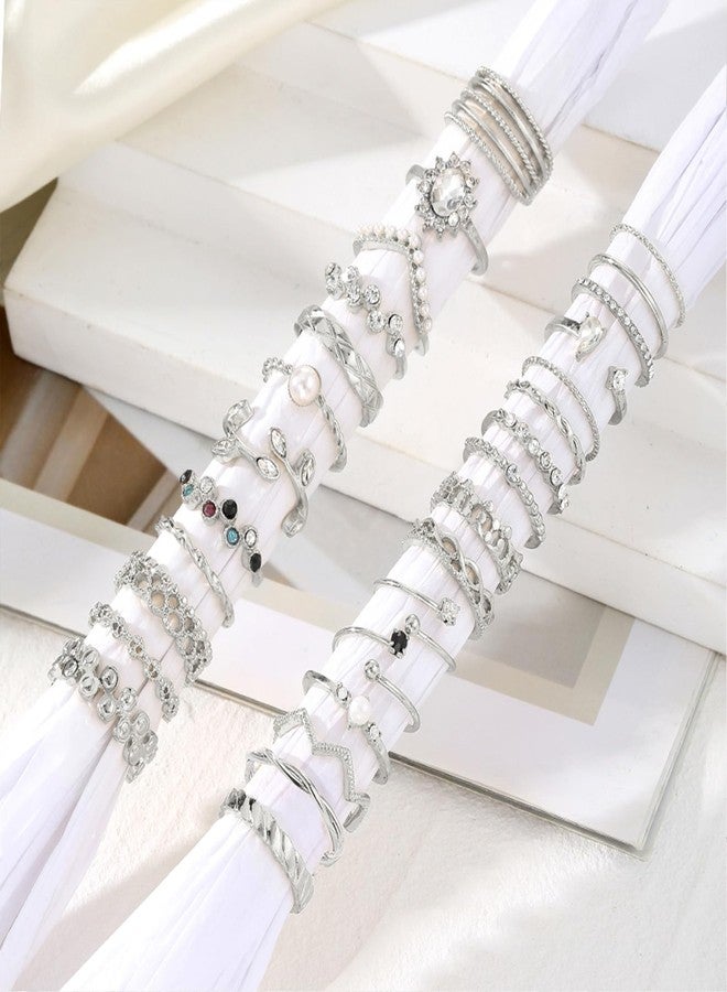 IFKM 28 Pcs Silver Knuckle Rings Set For Women Vintage Stackable Joint Finger Midi Rings Dainty Cubic Zirconia Crystal Simple Twist Hollow Cute Rings Pack Jewelry Gift - Image 5