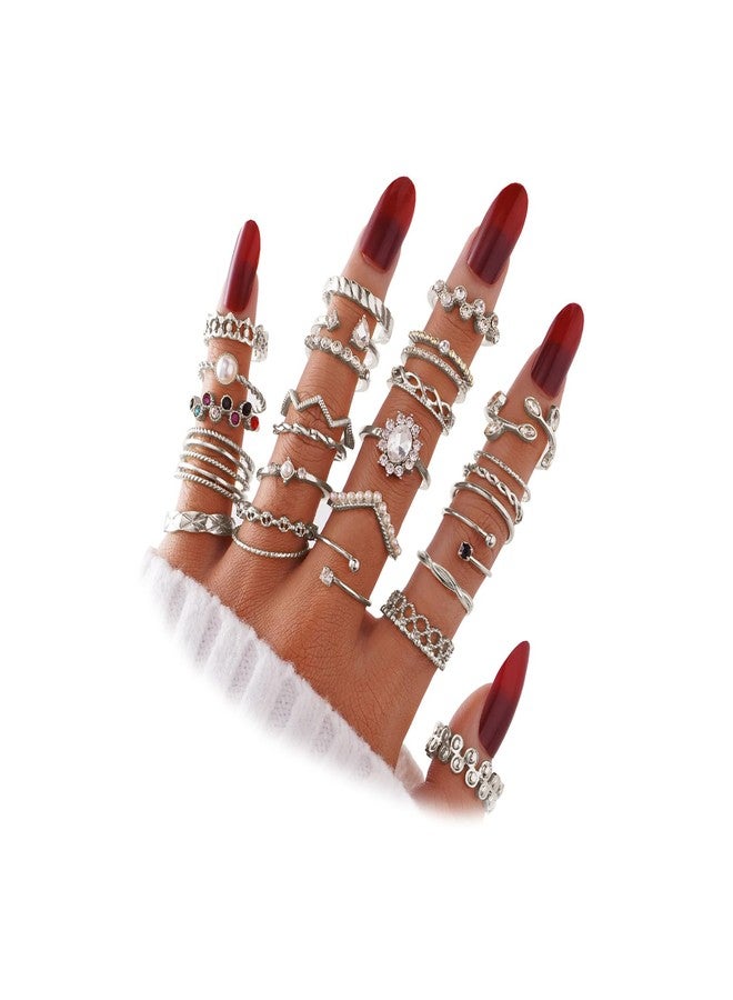 IFKM 28 Pcs Silver Knuckle Rings Set For Women Vintage Stackable Joint Finger Midi Rings Dainty Cubic Zirconia Crystal Simple Twist Hollow Cute Rings Pack Jewelry Gift - Image 1