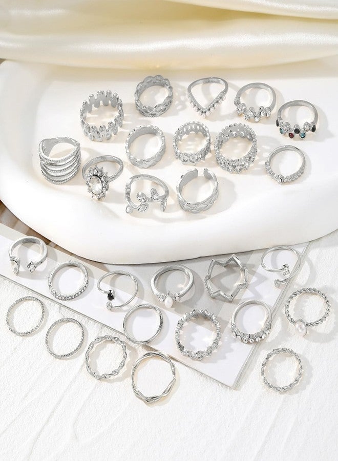 IFKM 28 Pcs Silver Knuckle Rings Set For Women Vintage Stackable Joint Finger Midi Rings Dainty Cubic Zirconia Crystal Simple Twist Hollow Cute Rings Pack Jewelry Gift - Image 3
