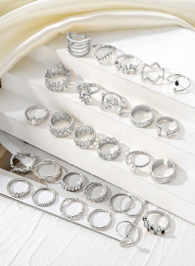 IFKM 28 Pcs Silver Knuckle Rings Set For Women Vintage Stackable Joint Finger Midi Rings Dainty Cubic Zirconia Crystal Simple Twist Hollow Cute Rings Pack Jewelry Gift - Image 4