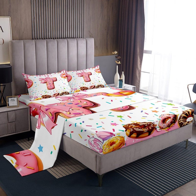 Erosebridal Kids Girls Pink Bow Sheet Set Twin Size Monogrammed Sheets Personalized Initial T Bed Sheets Set Colorful White Donut Sweet Candy Bedding Sets Ultra Soft Modern Fashion Bed Set - Image 1