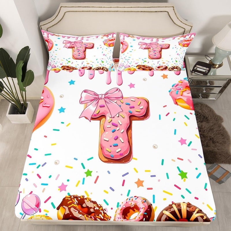 Erosebridal Kids Girls Pink Bow Sheet Set Twin Size Monogrammed Sheets Personalized Initial T Bed Sheets Set Colorful White Donut Sweet Candy Bedding Sets Ultra Soft Modern Fashion Bed Set - Image 3
