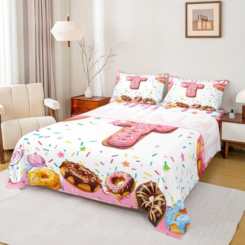 Erosebridal Kids Girls Pink Bow Sheet Set Twin Size Monogrammed Sheets Personalized Initial T Bed Sheets Set Colorful White Donut Sweet Candy Bedding Sets Ultra Soft Modern Fashion Bed Set - Image 2
