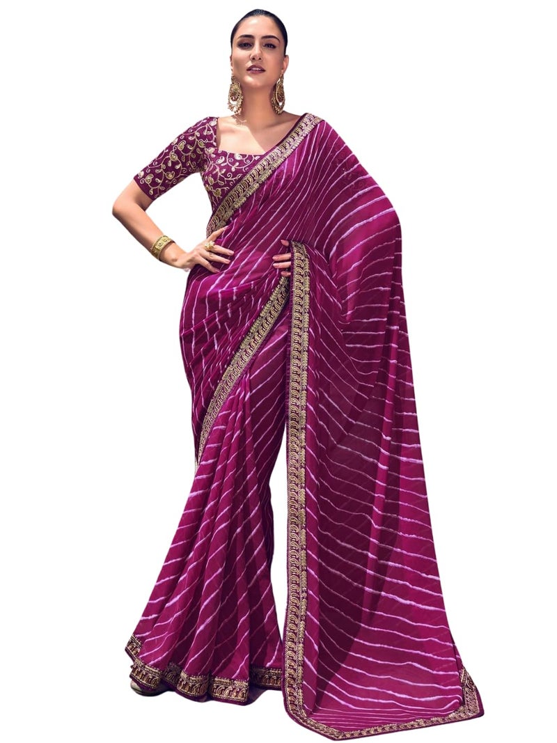 Shiv Textiles Women's Georgette Leheriya & Lace Border Saree(SAT-532S-PURPLE) - Image 1
