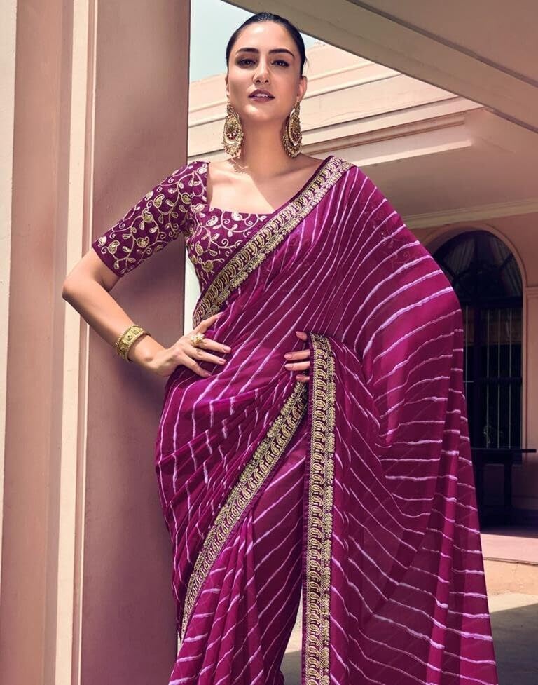 Shiv Textiles Women's Georgette Leheriya & Lace Border Saree(SAT-532S-PURPLE) - Image 3