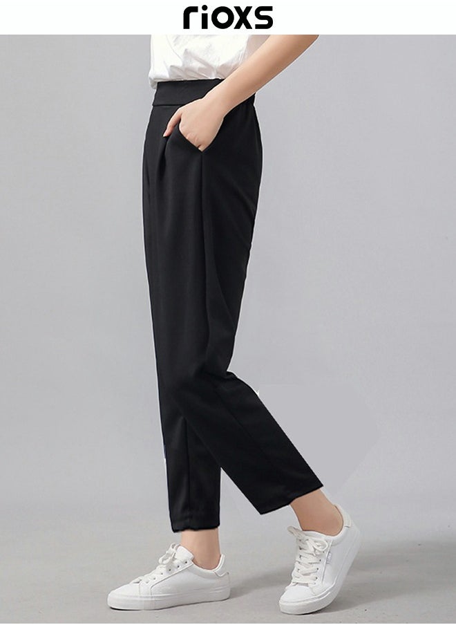 RIOXS - Women's Relaxed Fit Ankle Length Trousers Elastic Waist Pant Straight Leg Work Pant - Image 1