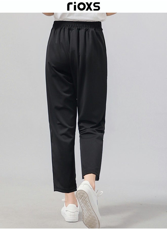 RIOXS - Women's Relaxed Fit Ankle Length Trousers Elastic Waist Pant Straight Leg Work Pant - Image 1