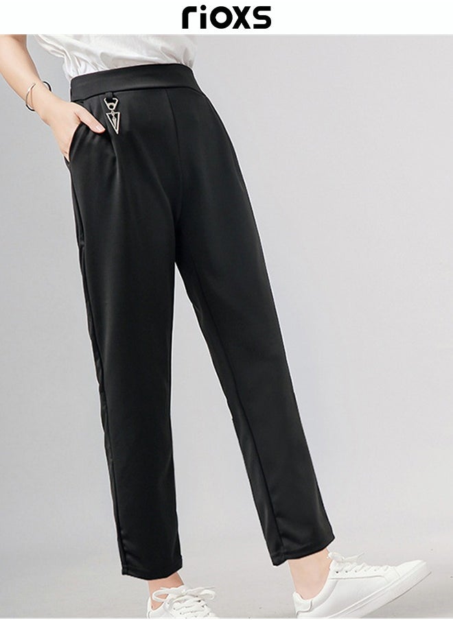 RIOXS - Women's Relaxed Fit Ankle Length Trousers Elastic Waist Pant Straight Leg Work Pant - Image 1