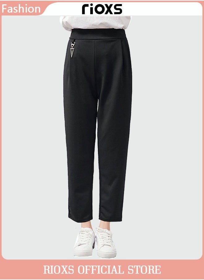 RIOXS - Women's Relaxed Fit Ankle Length Trousers Elastic Waist Pant Straight Leg Work Pant - Image 1