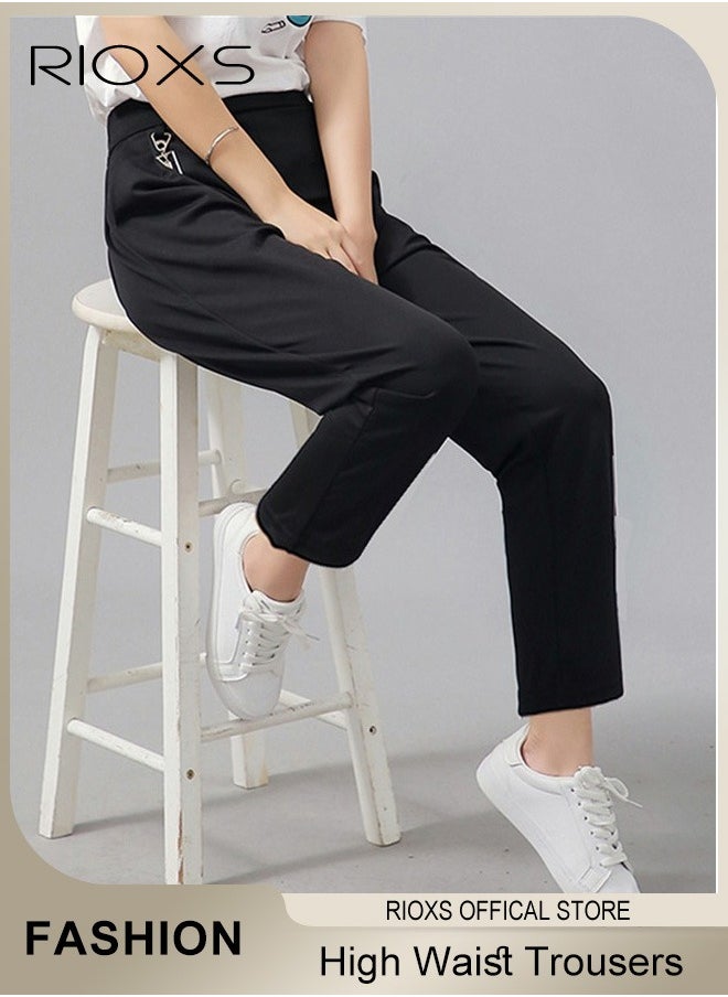 RIOXS - Women's Relaxed Fit Ankle Length Trousers Elastic Waist Pant Straight Leg Work Pant - Image 1